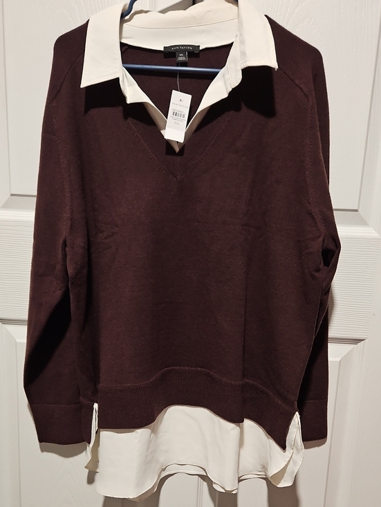 Ann Taylor Sweaters - Ann Taylor Men's Dark Brown V-Neck Sweater with Ivory Shirt Hem